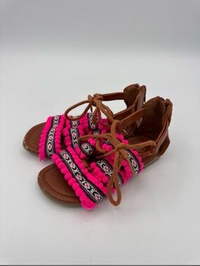Kidgets Toddler Girls Boho Pom Pom Gladiator Sandals Size 6 Pink Tan